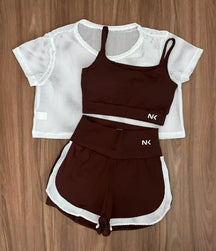 Conjunto 3 Peças Short Duplo  + Cropped e Top - Frete Grátis