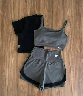 Conjunto 3 Peças Short Duplo  + Cropped e Top - Frete Grátis