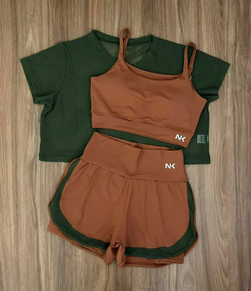Conjunto 3 Peças Short Duplo  + Cropped e Top - Frete Grátis