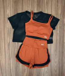 Conjunto 3 Peças Short Duplo  + Cropped e Top - Frete Grátis