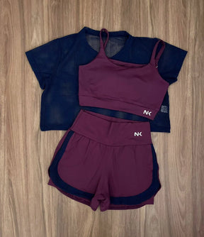 Conjunto 3 Peças Short Duplo  + Cropped e Top - Frete Grátis