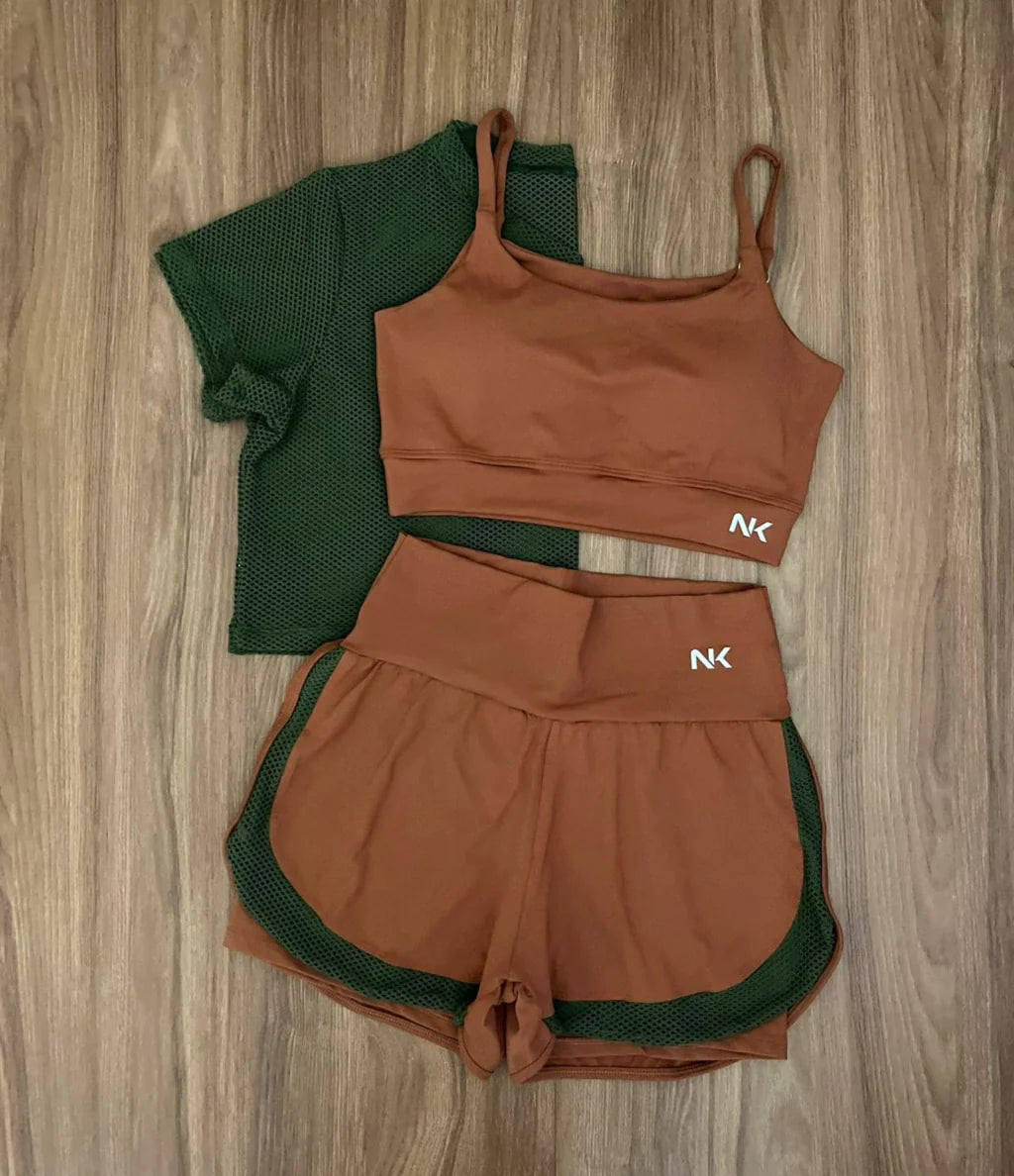 Conjunto 3 Peças Short Duplo  + Cropped e Top - Frete Grátis