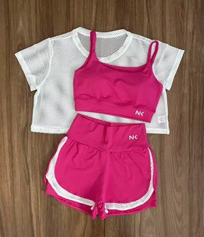 Conjunto 3 Peças Short Duplo  + Cropped e Top - Frete Grátis