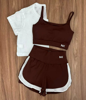 Conjunto 3 Peças Short Duplo  + Cropped e Top - Frete Grátis