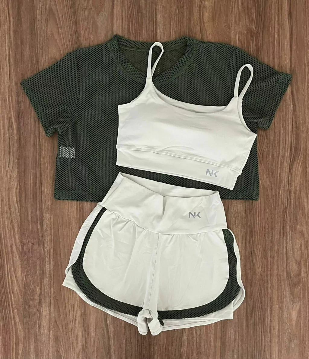 Conjunto 3 Peças Short Duplo  + Cropped e Top - Frete Grátis