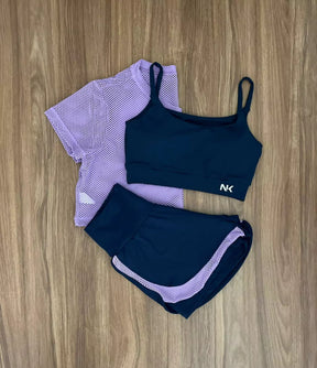 Conjunto 3 Peças Short Duplo  + Cropped e Top - Frete Grátis
