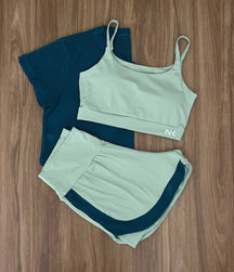 Conjunto 3 Peças Short Duplo  + Cropped e Top - Frete Grátis