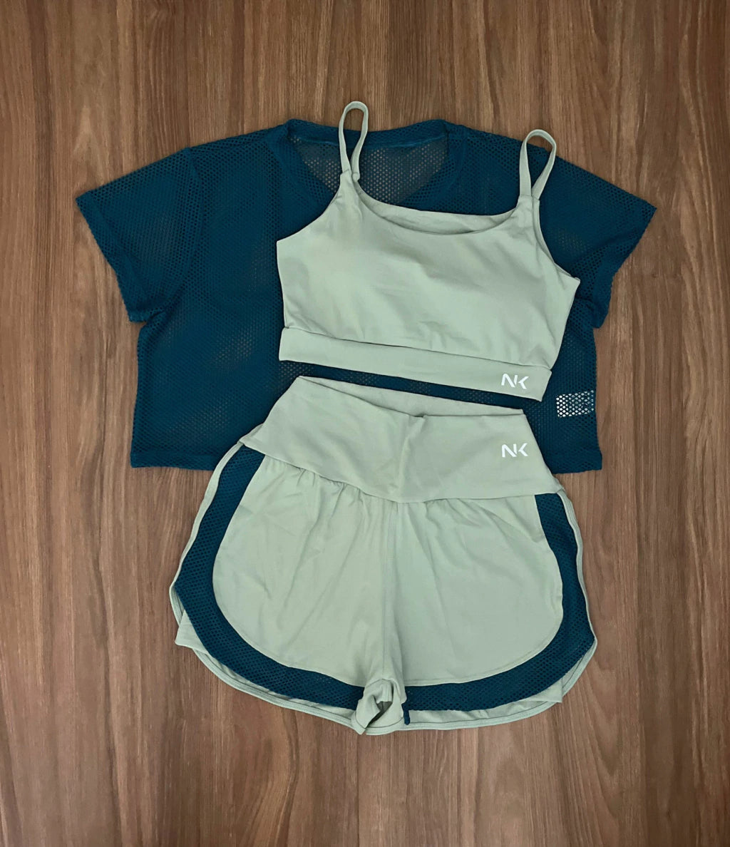 Conjunto 3 Peças Short Duplo  + Cropped e Top - Frete Grátis